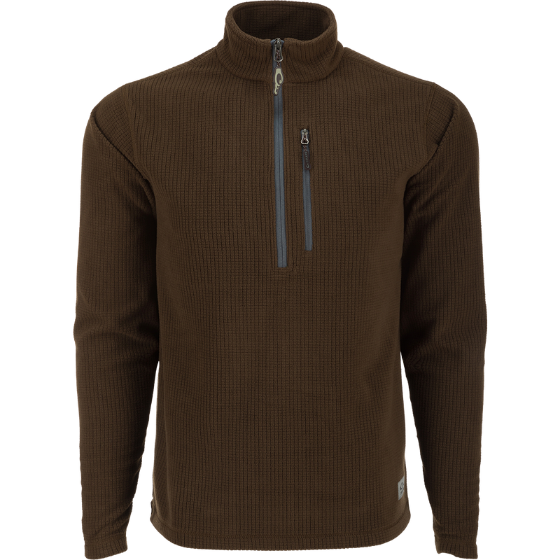 A versatile Fall River Grid Fleece Half-Zip Pullover by Drake Waterfowl. Durable, water-resistant polyester with stretch, YKK chest pocket, ideal for outdoor or casual wear.