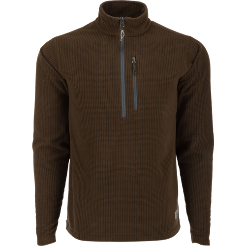 A versatile Fall River Grid Fleece Half-Zip Pullover by Drake Waterfowl. Durable, water-resistant polyester with stretch, YKK chest pocket, ideal for outdoor or casual wear.