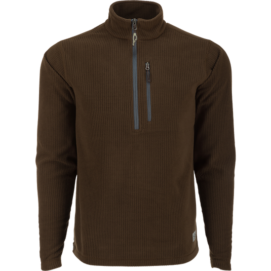 A versatile Fall River Grid Fleece Half-Zip Pullover by Drake Waterfowl. Durable, water-resistant polyester with stretch, YKK chest pocket, ideal for outdoor or casual wear.