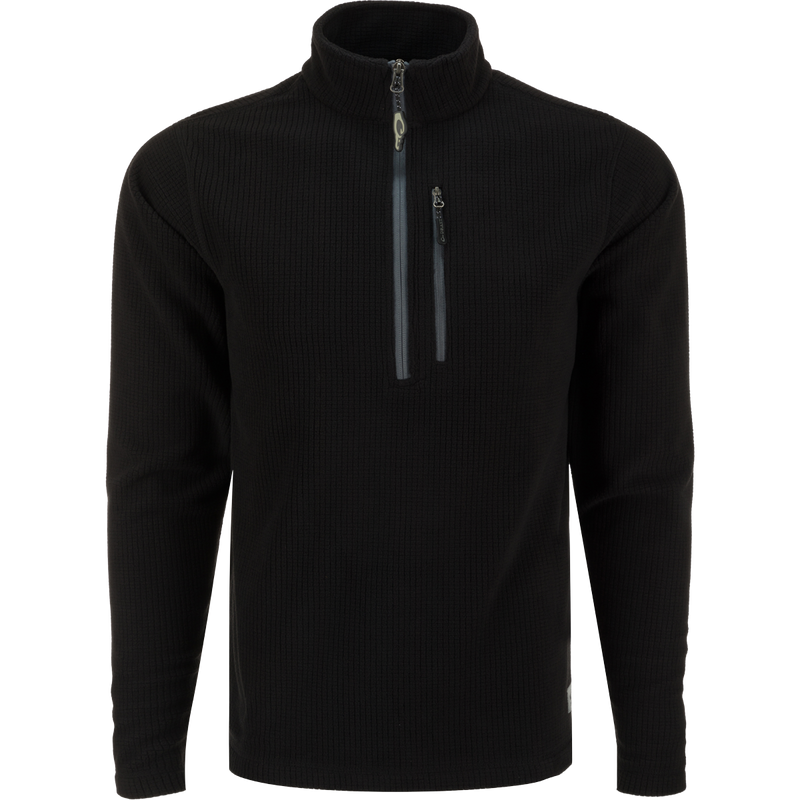 Alt text: Fall River Grid Fleece Half-Zip Pullover by Drake Waterfowl. Black sweater with zipper, water-resistant finish, YKK chest pocket. Ideal for outdoor lifestyle, hunting, and casual wear.