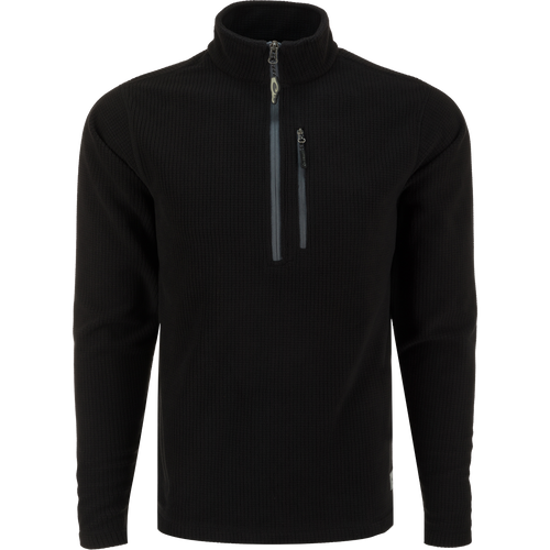 Alt text: Fall River Grid Fleece Half-Zip Pullover by Drake Waterfowl. Black sweater with zipper, water-resistant finish, YKK chest pocket. Ideal for outdoor lifestyle, hunting, and casual wear.