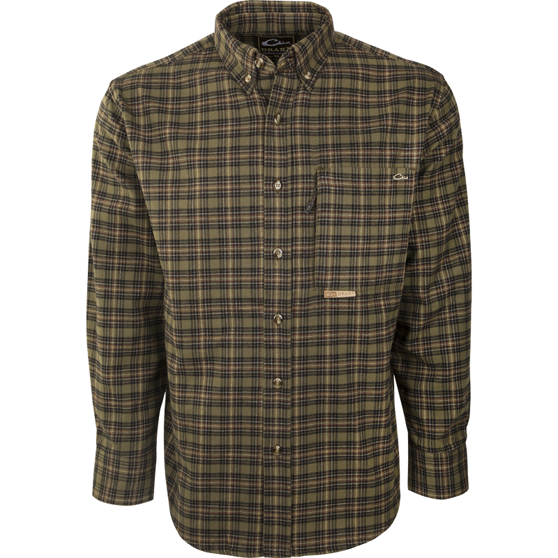 Autumn Brushed Twill Shirt - long-sleeved, 100% brushed cotton twill with chest and hidden vertical zippered pockets, button-down collar, ideal for fall and winter.