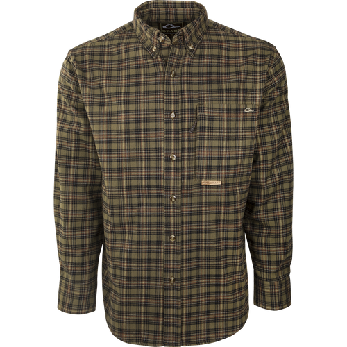 Autumn Brushed Twill Shirt - long-sleeved, 100% brushed cotton twill with chest and hidden vertical zippered pockets, button-down collar, ideal for fall and winter.