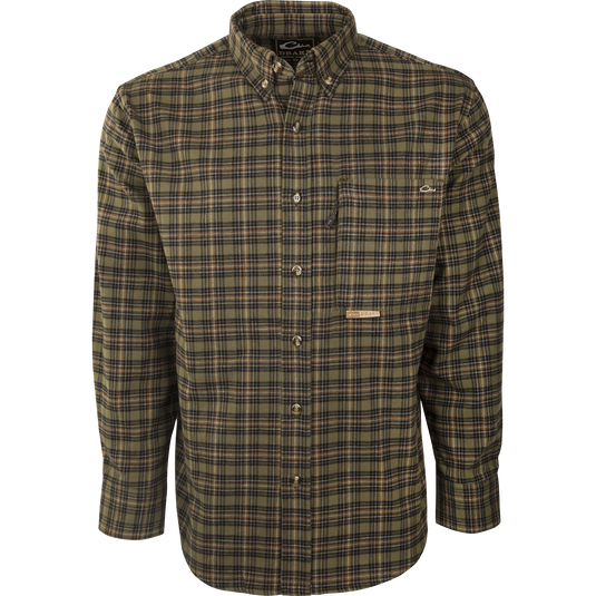 Autumn Brushed Twill Shirt - long-sleeved, 100% brushed cotton twill with chest and hidden vertical zippered pockets, button-down collar, ideal for fall and winter.