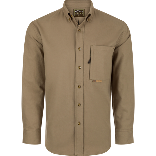 Autumn Brushed Twill Long Sleeve Shirt with button-down collar, back box pleat, and two pockets for storage. Lightweight and breathable 100% brushed cotton twill.