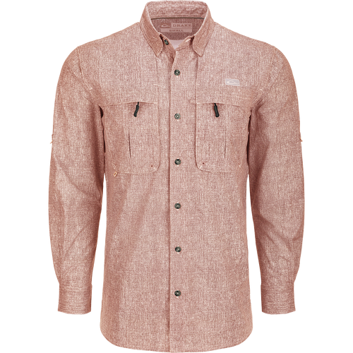 Heritage Heather Button-Down Long Sleeve Shirt with two chest pockets, roll-up sleeves, hidden button-down collar, and mesh vented cape back.