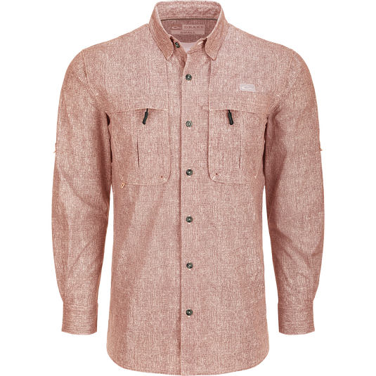 Heritage Heather Button-Down Long Sleeve Shirt with two chest pockets, roll-up sleeves, hidden button-down collar, and mesh vented cape back.