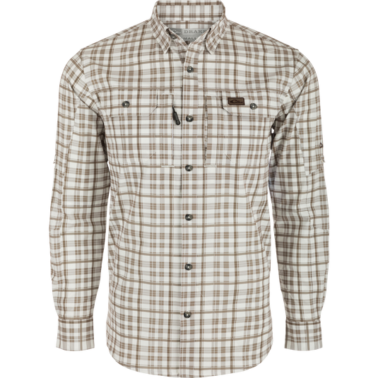 A high-performance Hunter Creek Window Pane Plaid Shirt L/S by Drake Waterfowl, featuring micro-mesh fabric for cooling, UPF30 sun protection, hidden collar, chest pockets, and sculpted hem with sunglass wipe.