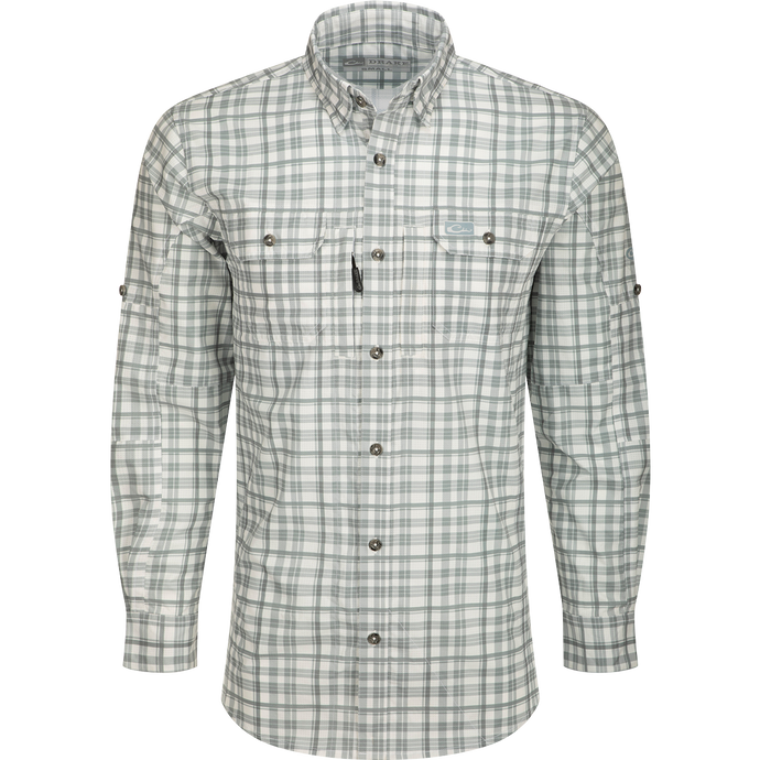 Hunter Creek Window Pane Plaid Shirt L/S with long sleeves, button-down front, and hidden pockets, designed for comfort with micro-mesh fabric and performance features.