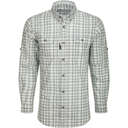 Hunter Creek Window Pane Plaid Shirt L/S with long sleeves, button-down front, and hidden pockets, designed for comfort with micro-mesh fabric and performance features.