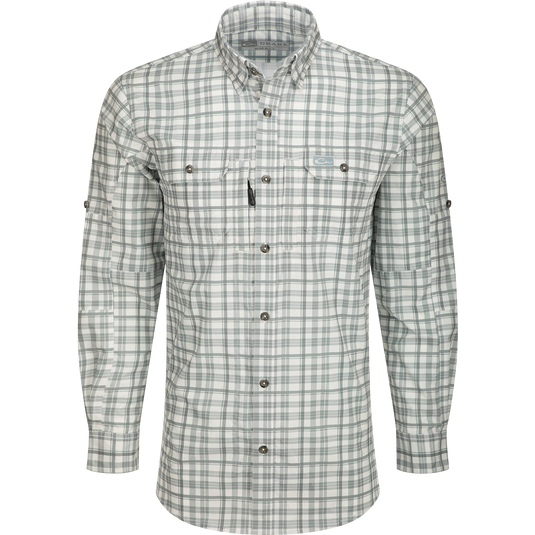 Hunter Creek Window Pane Plaid Shirt L/S with long sleeves, button-down front, and hidden pockets, designed for comfort with micro-mesh fabric and performance features.