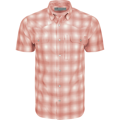 Alt text: Drake Cinco Ranch Western Plaid Shirt S/S with micro-mesh, faux pearl snaps, and vented back for hunting and outdoor activities.