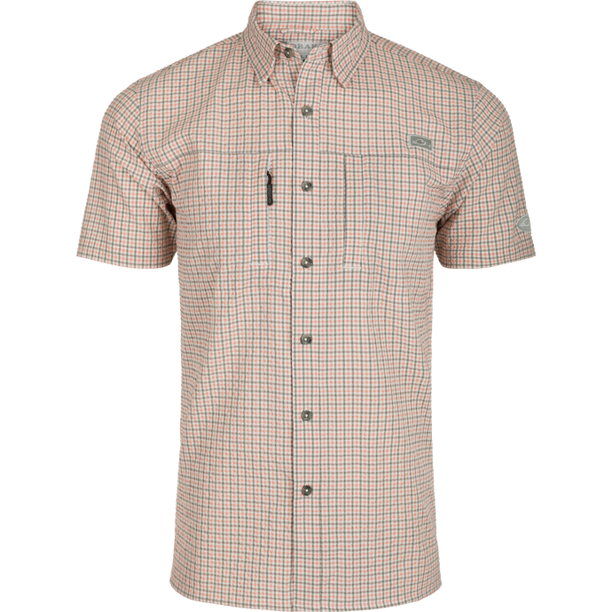 Classic Seersucker Grid Check Shirt S/S: Lightweight seersucker fabric with button-down collar, vented back, zippered chest pocket, and Magnattach™ closure on left chest pocket.