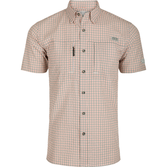 Classic Seersucker Grid Check Shirt S/S: Lightweight seersucker fabric with button-down collar, vented back, zippered chest pocket, and Magnattach™ closure on left chest pocket.