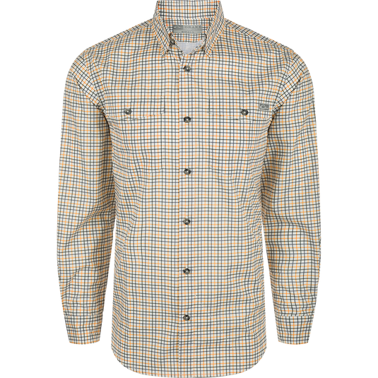 A high-performance Drake Frat Tattersall Button-Down Shirt with UPF30, moisture-wicking fabric, and hidden collar. Ideal for hunting and outdoor activities.