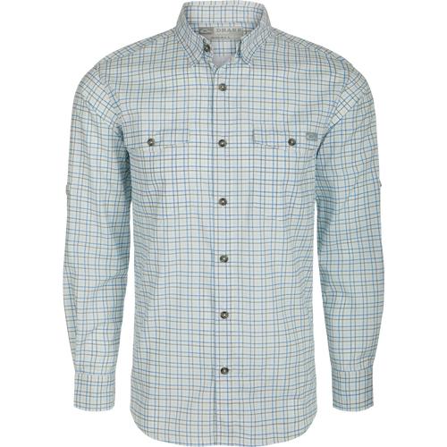 Drake Frat Tattersall Button-Down Long Sleeve Shirt with hidden collar buttons, vented cape back, and two chest pockets, showcasing outdoor performance features.