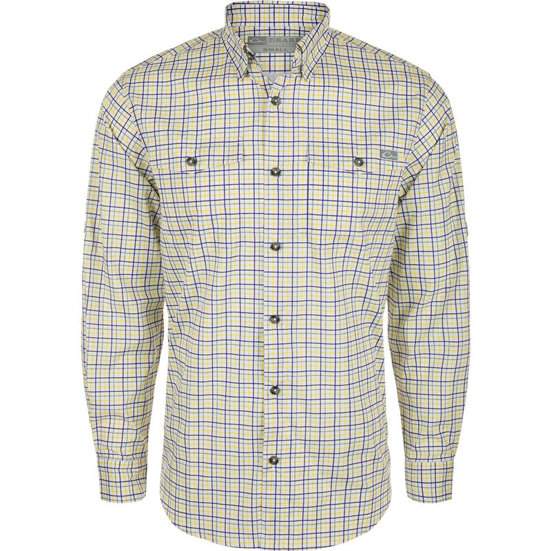 Frat Tattersall Button-Down Shirt by Drake Waterfowl: Lightweight, moisture-wicking long sleeve with hidden collar, chest pockets, and vented back. Ideal for hunting and outdoor activities.