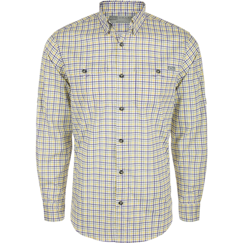 Frat Tattersall Button-Down Shirt by Drake Waterfowl: Lightweight, moisture-wicking long sleeve with hidden collar, chest pockets, and vented back. Ideal for hunting and outdoor activities.