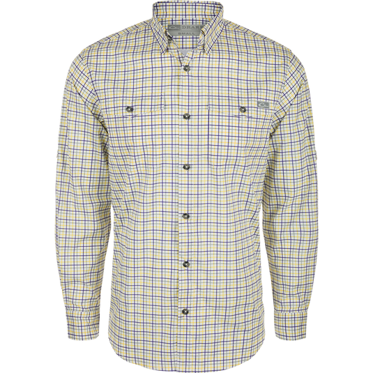 Frat Tattersall Button-Down Shirt by Drake Waterfowl: Lightweight, moisture-wicking long sleeve with hidden collar, chest pockets, and vented back. Ideal for hunting and outdoor activities.