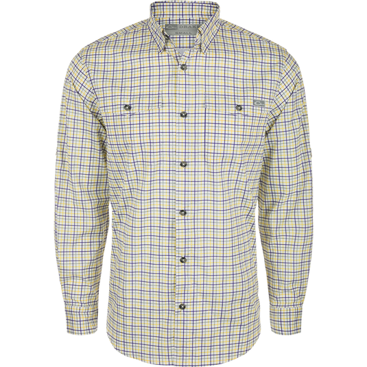 Frat Tattersall Button-Down Long Sleeve Shirt with vented cape back, two chest pockets, and roll-up sleeves, showcasing classic fit and performance fabric.