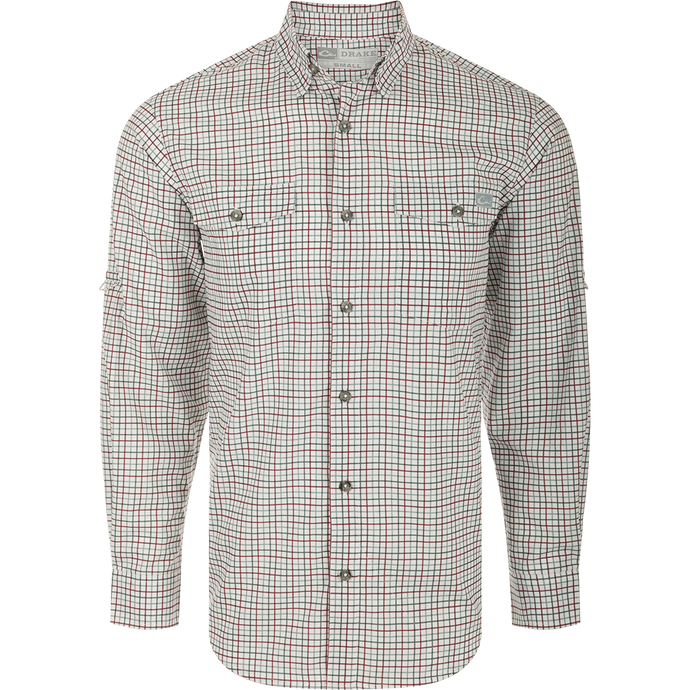 Frat Tattersall Shirt L/S: Classic fit shirt with hidden button-down collar, chest pockets, and vented cape back. Lightweight, moisture-wicking fabric with UPF30 sun protection. Sculpted hem and built-in sunglass wipe.