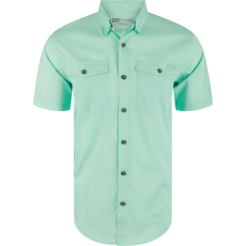 Frat Gingham Check Button-Down Short Sleeve Shirt with button-down collar, flap chest pockets, vented cape back, and sculpted hem, ideal for performance and style.