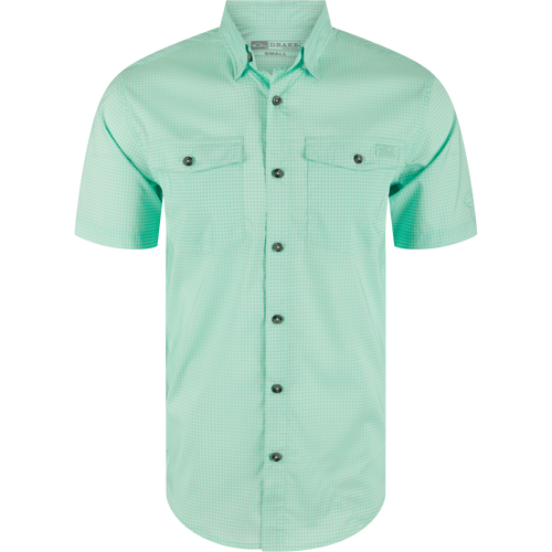 Frat Gingham Check Button-Down Short Sleeve Shirt with button-down collar, flap chest pockets, vented cape back, and sculpted hem, ideal for performance and style.