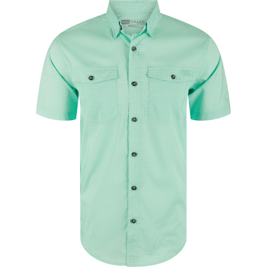 Frat Gingham Check Button-Down Short Sleeve Shirt with button-down collar, flap chest pockets, vented cape back, and sculpted hem, ideal for performance and style.