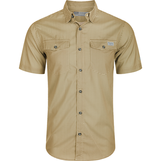 Alt text: Drake Frat Gingham Check Shirt S/S with button-down collar, chest pockets, and vented cape back.