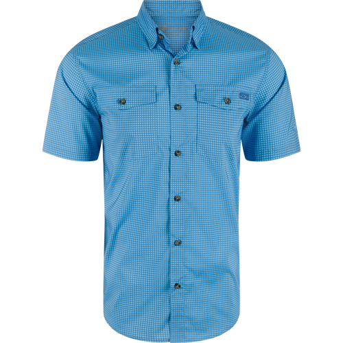 Frat Gingham Check Button-Down Short Sleeve Shirt with button-through flap pockets and vented back, designed for versatility and performance in outdoor activities.