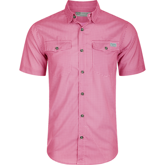 Drake Frat Gingham Check Shirt S/S with button-down collar, vented cape back, and two chest pockets, showcasing classic fit and technical features.