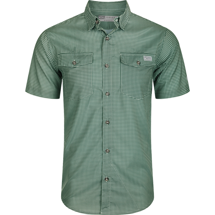 Frat Gingham Check Shirt S/S: Lightweight, moisture-wicking shirt with UPF30 sun protection. Classic fit, hidden button-down collar, and vented cape back. Two button-through flap chest pockets and sculpted hem with built-in sunglass wipe.