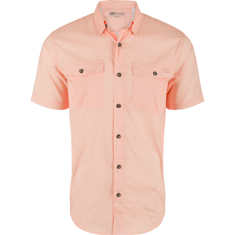 Frat Gingham Check Button-Down Short Sleeve Shirt, featuring a hidden button-down collar, vented cape back, and two flap chest pockets, highlighting its classic fit and technical design.