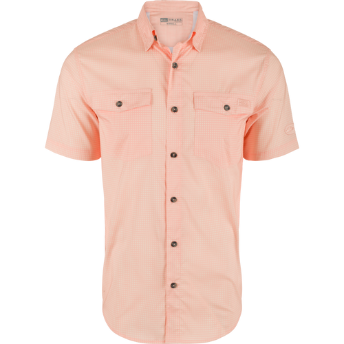 Frat Gingham Check Button-Down Short Sleeve Shirt, featuring a hidden button-down collar, vented cape back, and two flap chest pockets, highlighting its classic fit and technical design.