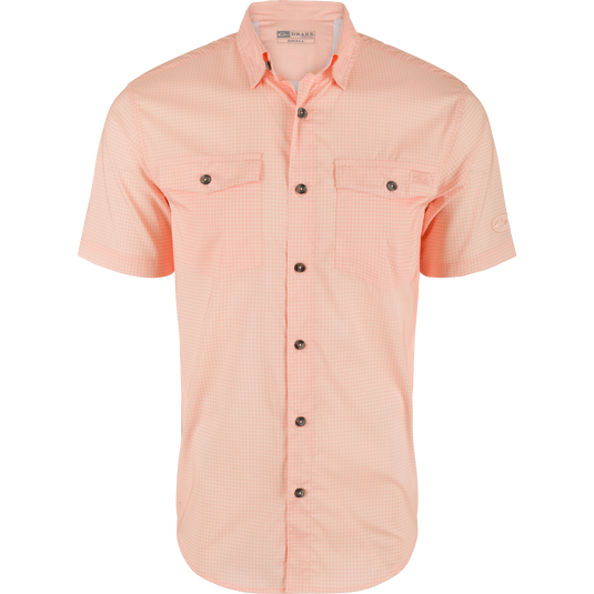 Frat Gingham Check Button-Down Short Sleeve Shirt, featuring a hidden button-down collar, vented cape back, and two flap chest pockets, highlighting its classic fit and technical design.