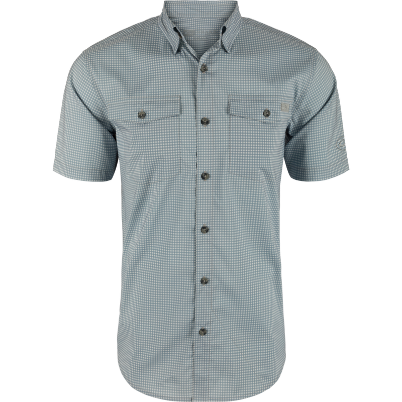 Frat Gingham Check Button-Down Short Sleeve Shirt featuring a hidden button-down collar, two chest pockets, and a vented cape back for added comfort and utility.