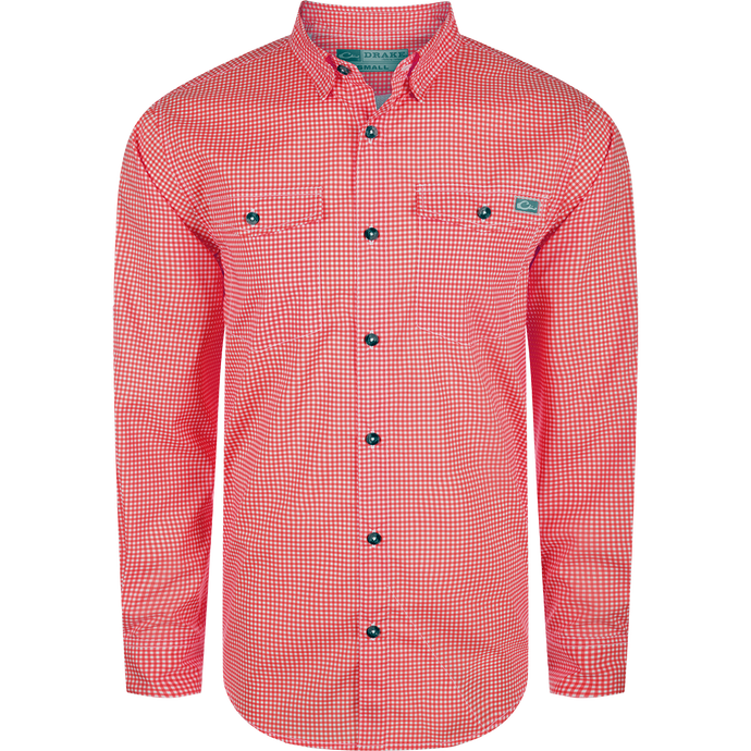 A performance-driven Drake Frat Gingham Check Button-Down Shirt in red and white. Features include UPF30, moisture-wicking fabric, hidden collar, chest pockets, and adjustable sleeves. Ideal for outdoor activities.