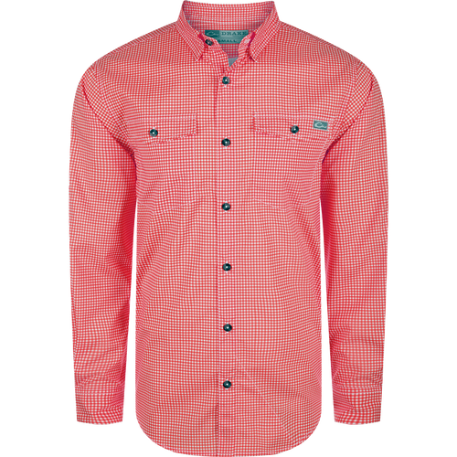 A performance-driven Drake Frat Gingham Check Button-Down Shirt in red and white. Features include UPF30, moisture-wicking fabric, hidden collar, chest pockets, and adjustable sleeves. Ideal for outdoor activities.