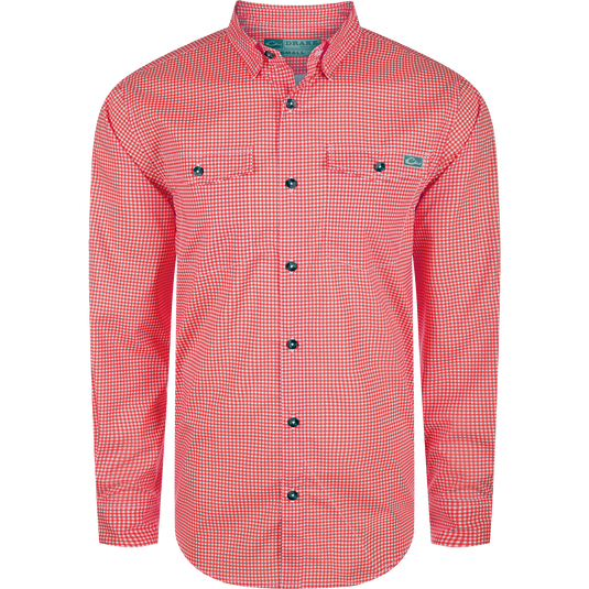 A performance-driven Drake Frat Gingham Check Button-Down Shirt in red and white. Features include UPF30, moisture-wicking fabric, hidden collar, chest pockets, and adjustable sleeves. Ideal for outdoor activities.