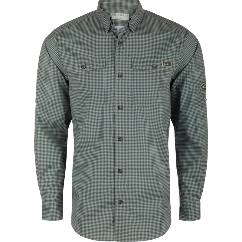 A Drake Frat Gingham Check Button-Down Long Sleeve Shirt with performance fabric, UPF30 sun protection, hidden collar, and chest pockets. Ideal for hunting and outdoor activities.