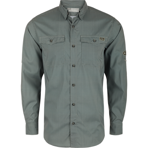 A Drake Frat Gingham Check Button-Down Long Sleeve Shirt with performance fabric, UPF30 sun protection, hidden collar, and chest pockets. Ideal for hunting and outdoor activities.