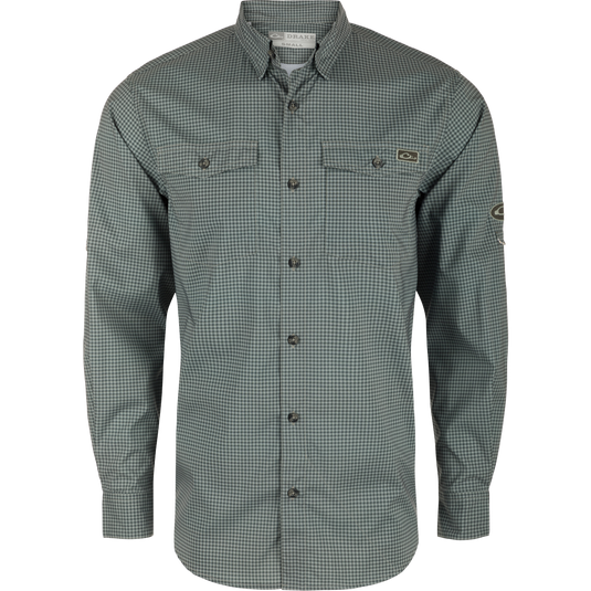 A Drake Frat Gingham Check Button-Down Long Sleeve Shirt with performance fabric, UPF30 sun protection, hidden collar, and chest pockets. Ideal for hunting and outdoor activities.
