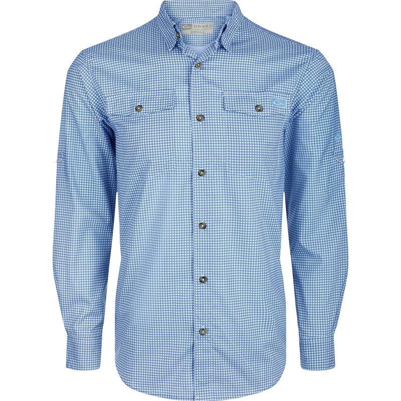 Alt text: Drake Frat Gingham Check Shirt L/S with button-down collar, two chest pockets, vented cape back, and adjustable roll-up sleeves.