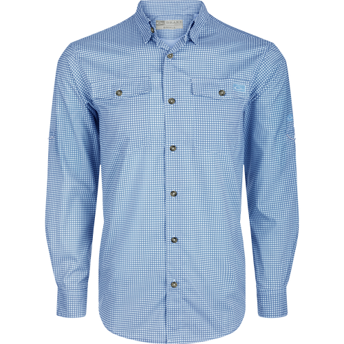 Alt text: Drake Frat Gingham Check Shirt L/S with button-down collar, two chest pockets, vented cape back, and adjustable roll-up sleeves.