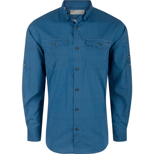 A high-performance Drake Frat Gingham Check Button-Down Shirt with UPF30, moisture-wicking fabric, and hidden collar. Ideal for hunting and outdoor activities.