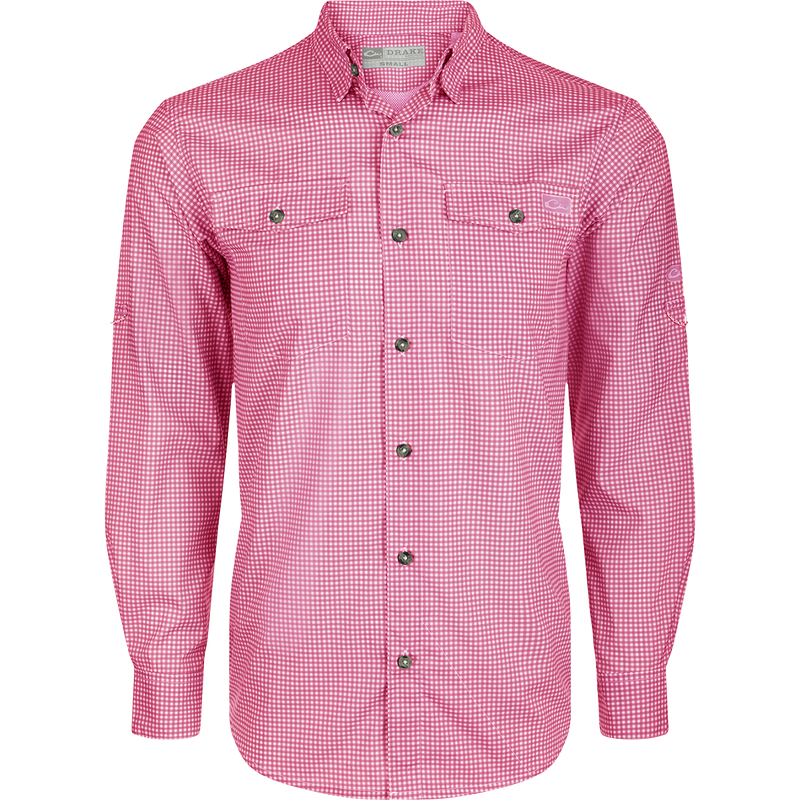 Red and white checkered Frat Gingham Check Shirt L/S with a hidden button-down collar, two chest pockets, and adjustable roll-up sleeves with tab holder.