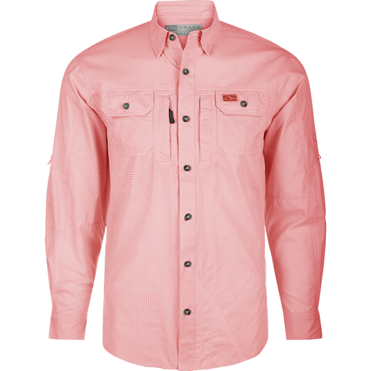 Frat Houndstooth Check Button-Down Shirt by Drake Waterfowl: Polyester/Spandex blend, UPF30, moisture-wicking, hidden collar, chest pockets, sculpted hem, sunglass wipe, adjustable sleeves.