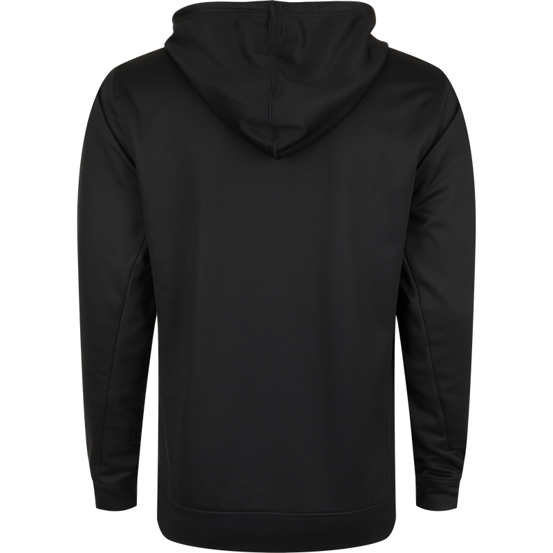 Alt text: Drake Performance Stacked Logo Hoodie with hood, kangaroo pocket, and adjustable drawstrings, made from stretchable polyester-spandex fleece.