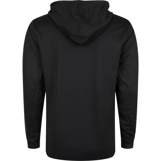 Alt text: Drake Performance Stacked Logo Hoodie with hood, kangaroo pocket, and adjustable drawstrings, made from stretchable polyester-spandex fleece.