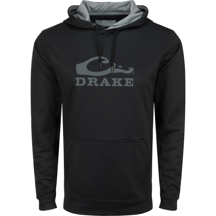 Black sweatshirt with grey text, featuring kangaroo pocket and lined hood with adjustable drawstrings. Made of stretchy, anti-pilling polyester and spandex fleece.